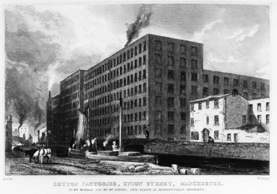 Katoenfabrieken, Union Street, Manchester, gegraveerd door John McGahey, 1829 door Samuel Austin